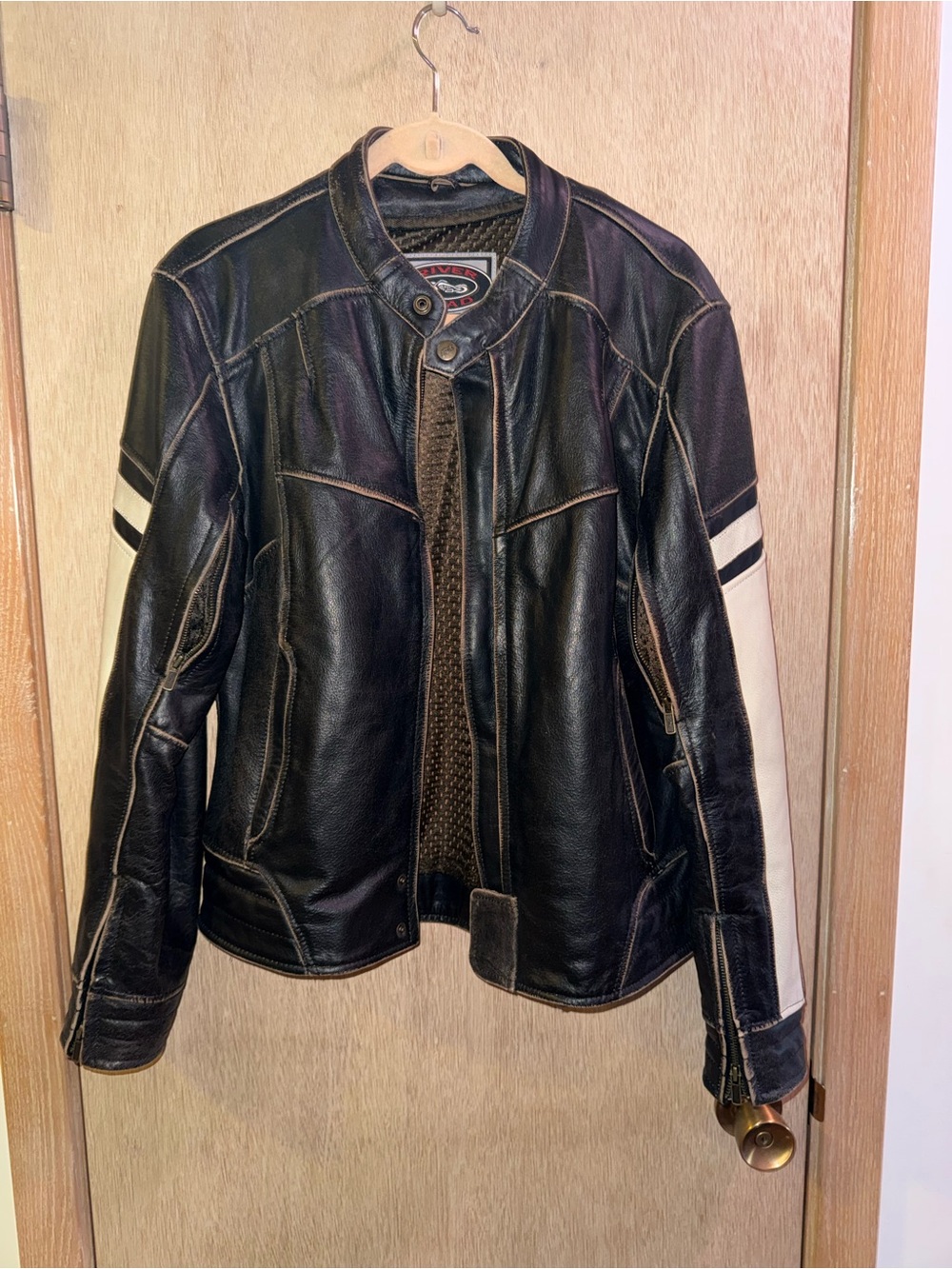 Classic Brown Leather Jacket with cream Sleeve Stripes